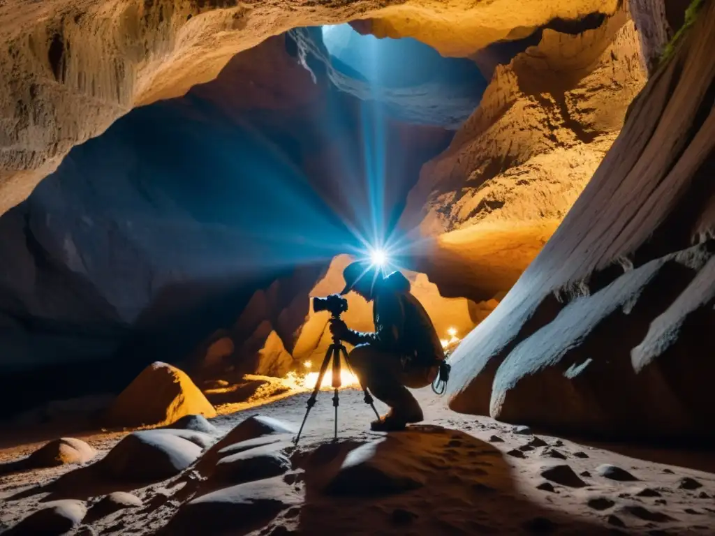 Fotógrafo ajustando trípode en cueva estrecha para capturar formación rocosa iluminada por rayo de luz