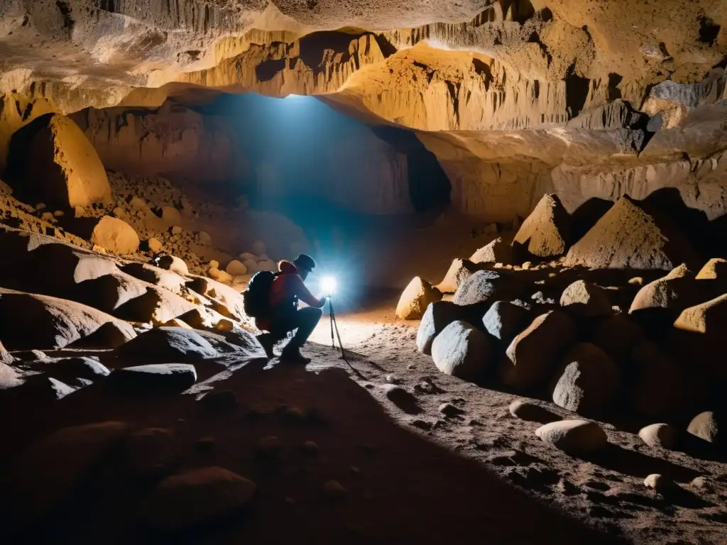 Un fotógrafo se agacha en una cueva oscura y terreno irregular, ajustando su cámara