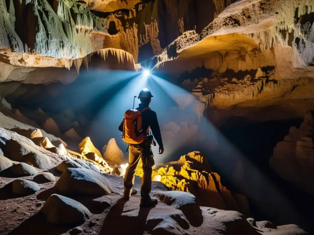 Un fotógrafo explorando una cueva subterránea con trípode, capturando la belleza natural de las formaciones rocosas iluminadas en la penumbra