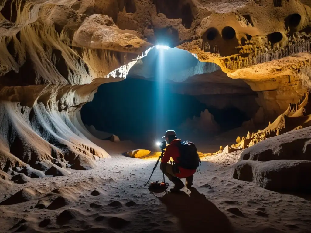 Un fotógrafo en una cueva subterránea, ajustando la cámara para capturar las formaciones y sombras