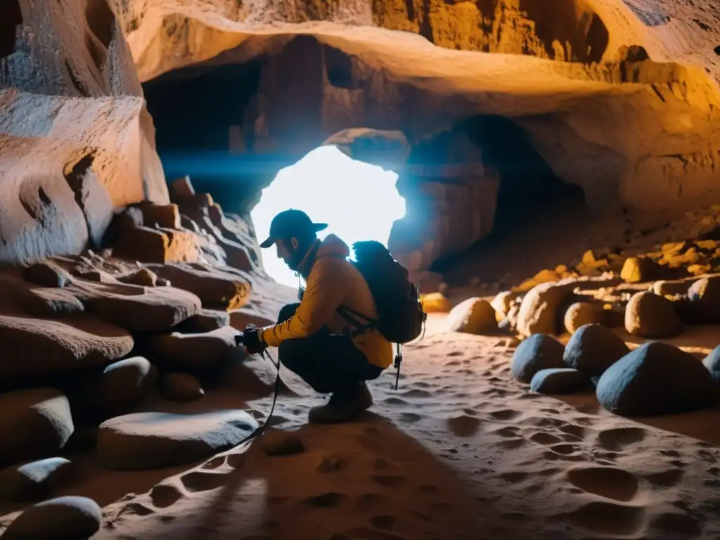 Un fotógrafo se agacha en una cueva subterránea, ajustando la cámara mientras la luz entra desde arriba