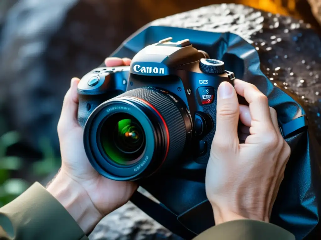 Un fotógrafo envuelve con cuidado una cámara DSLR de alta gama en un estuche resistente a la humedad en una cueva subterránea