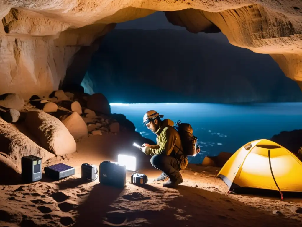 Un fotógrafo ajustando su equipo en una cueva iluminada por su lámpara frontal