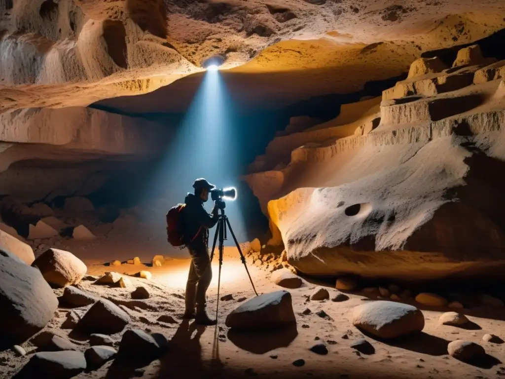 Un fotógrafo en espacios confinados ajusta su trípode en una cueva subterránea, rodeado de formaciones rocosas intrincadas y una suave luz de linterna