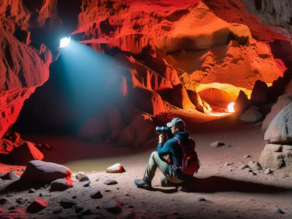 Fotógrafo ajustando filtro rojo en cueva subterránea, con luz tenue y formaciones rocosas