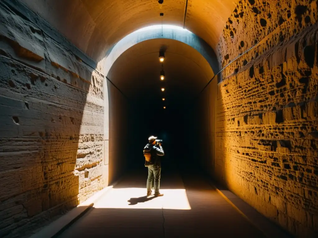 Un fotógrafo con cámara vintage captura la luz y sombra en un túnel histórico mientras una figura se adentra