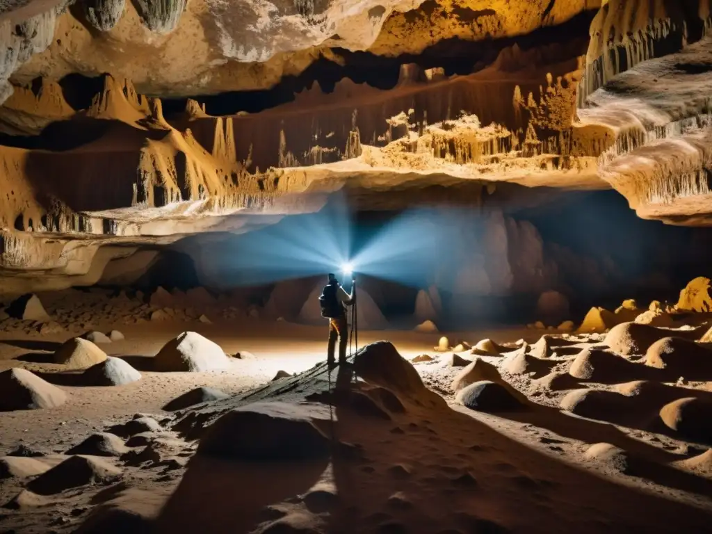 Un fotógrafo en un oscuro sistema de cuevas ajusta su cámara en trípode