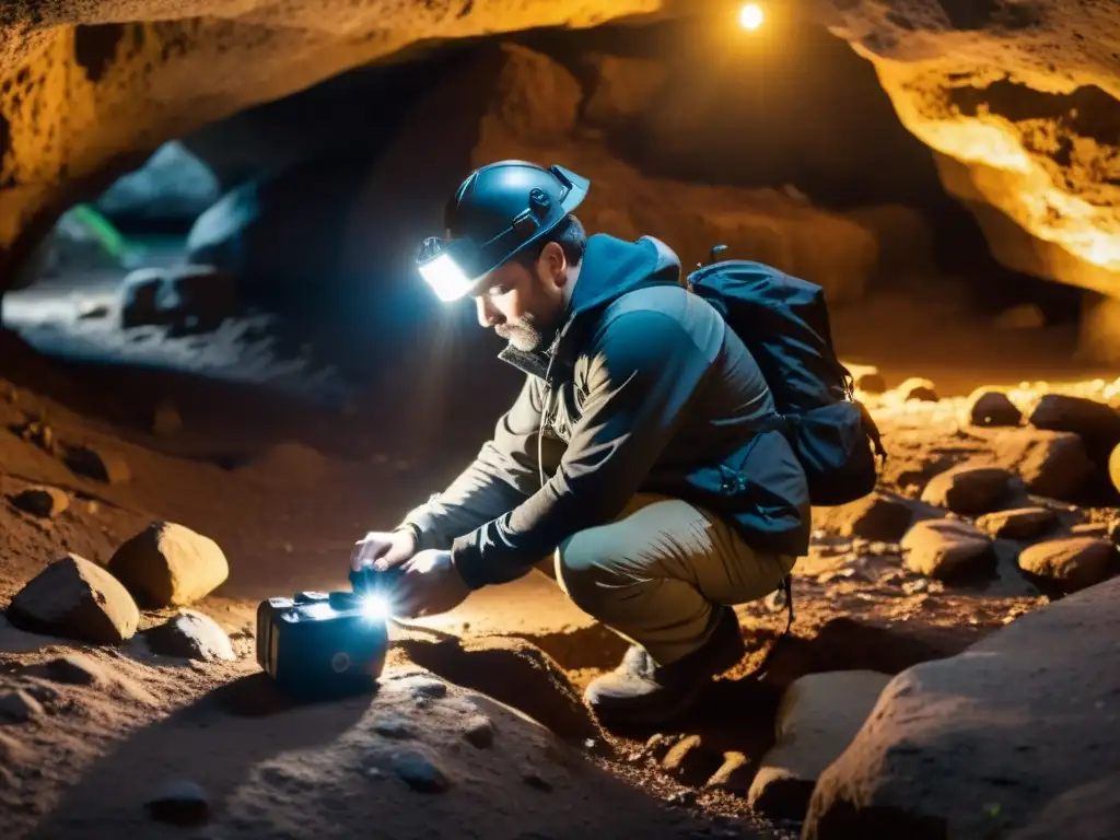 Un fotógrafo profesional ajusta su cámara en una cueva subterránea, iluminado por una potente batería recargable