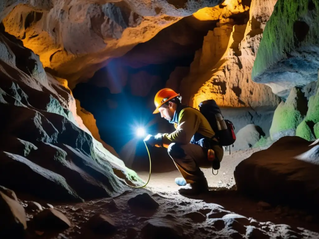 Un fotógrafo profesional explora una cueva subterránea, capturando la belleza de las formaciones rocosas