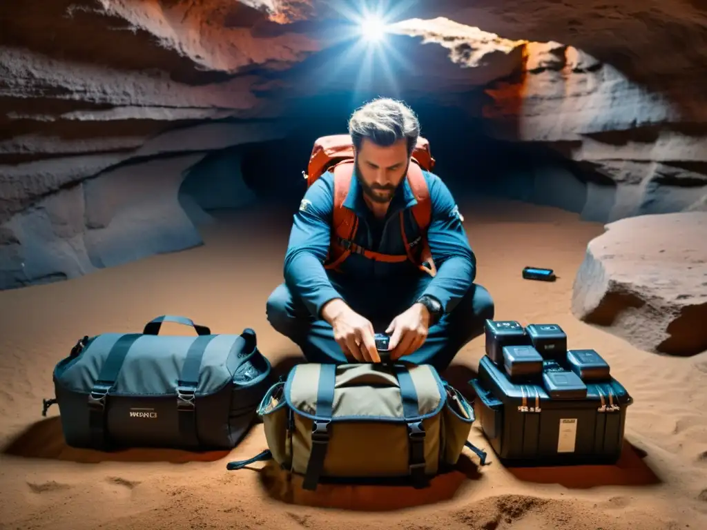 Un fotógrafo profesional prepara meticulosamente su equipo para una larga jornada de fotografía subterránea