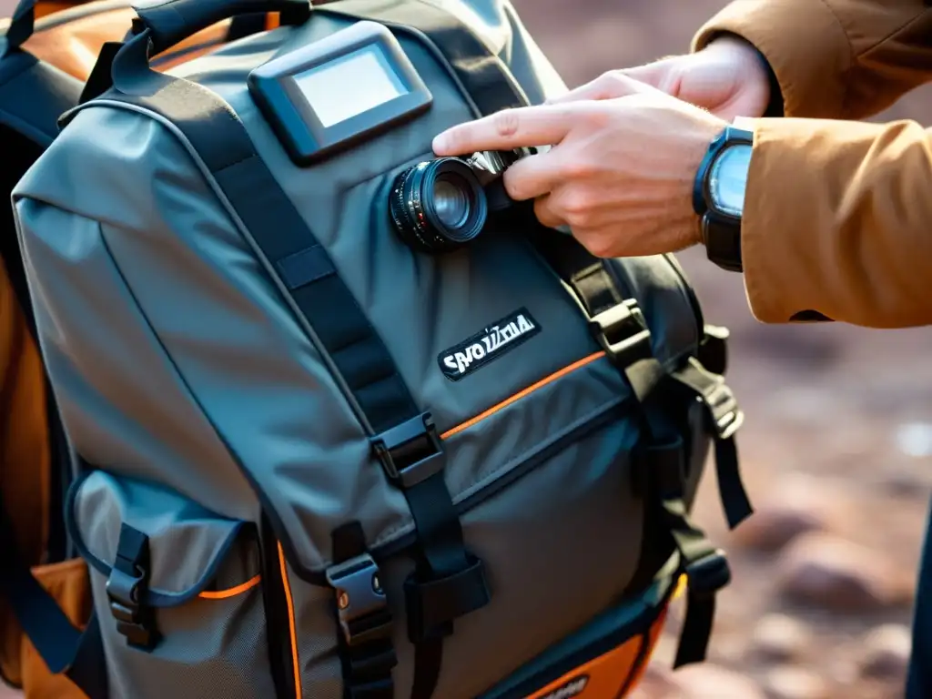 Un fotógrafo profesional asegura su equipo en una mochila especial antes de explorar cuevas