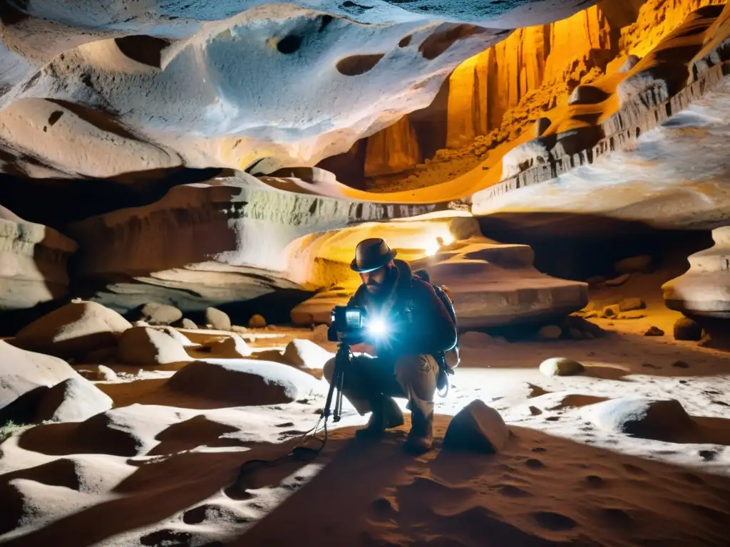 Un fotógrafo profesional con lámpara en la cabeza capturando la impresionante formación de una cueva subterránea