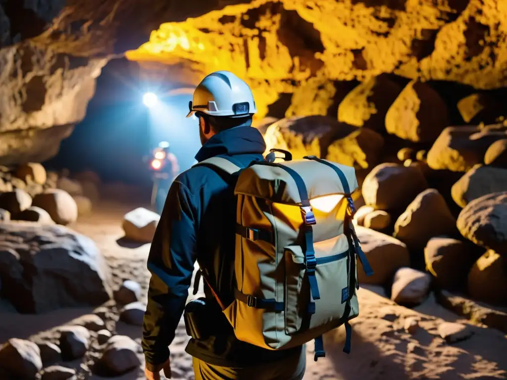 Un fotógrafo profesional lleva una mochila resistente a la intemperie con equipo fotográfico a través de una cueva oscura