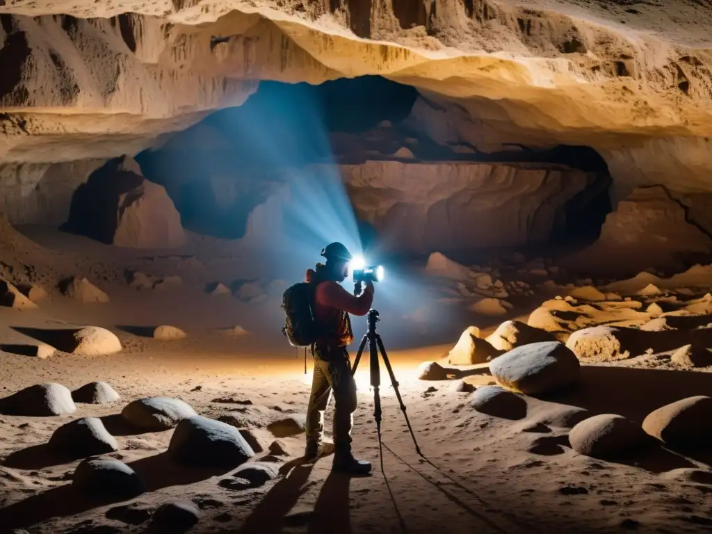 Fotógrafo profesional ajustando cámara DSLR en cuevas subterráneas con formaciones rocosas y minerales brillantes