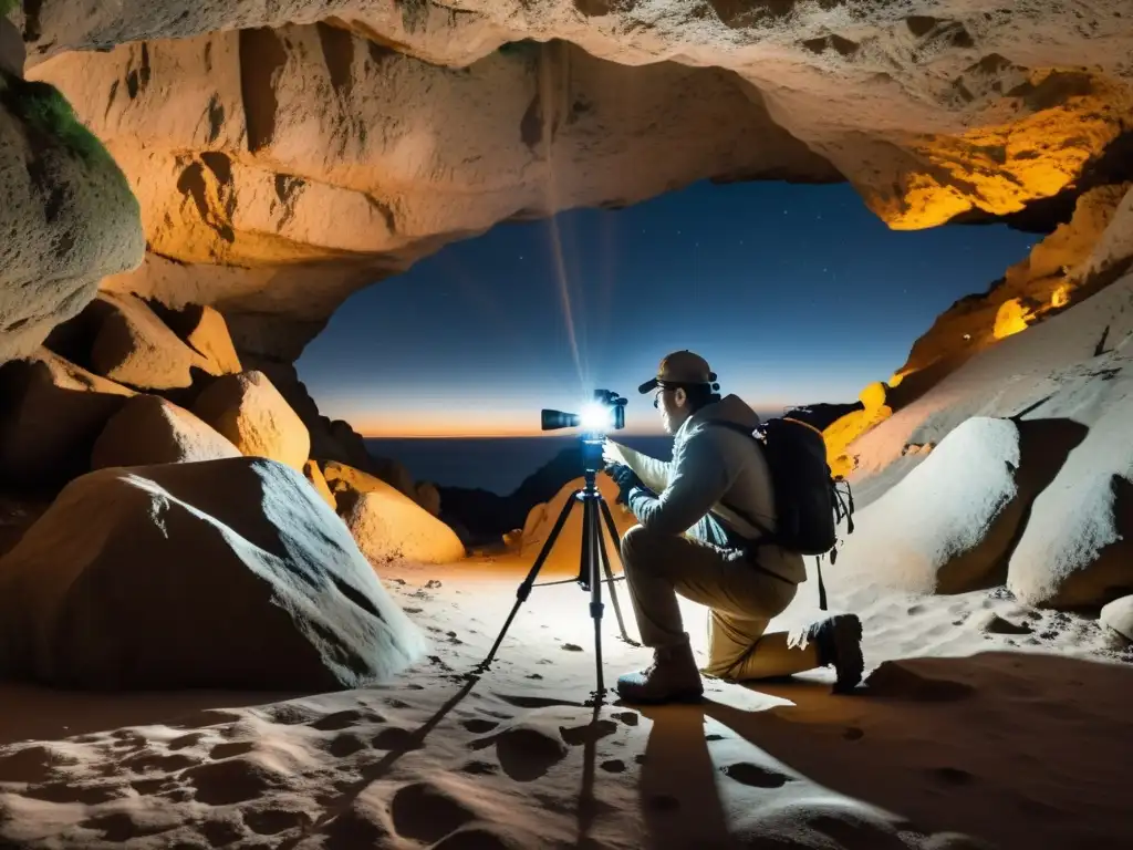 Un fotógrafo profesional ajustando un trípode en terreno de cuevas