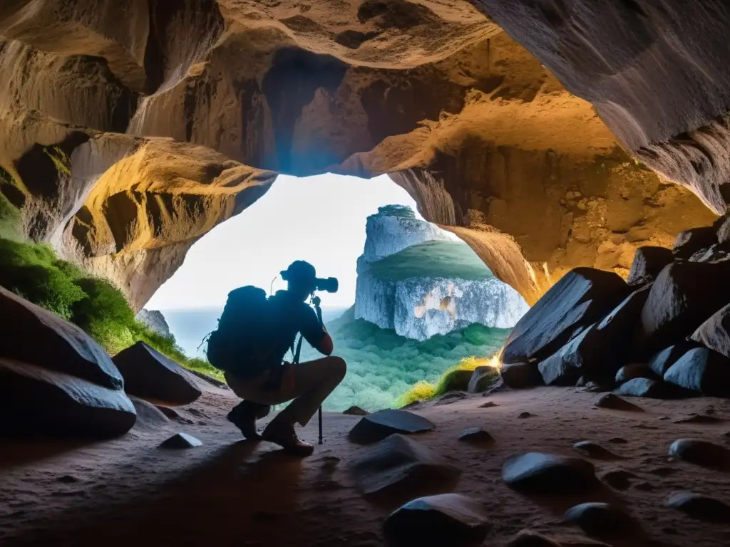 Un fotógrafo ajustando un trípode en una cueva iluminada, capturando la belleza en espacios confinados