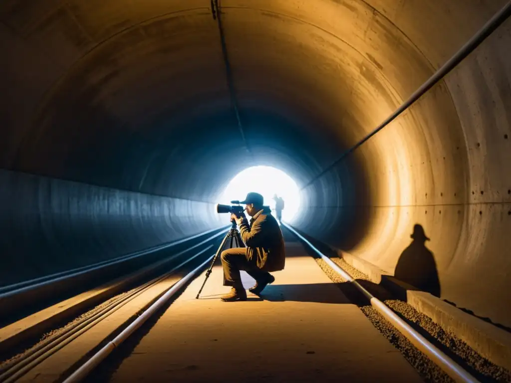 Un fotógrafo ajusta su trípode en un túnel subterráneo, desafiando la oscuridad para capturar imágenes impactantes