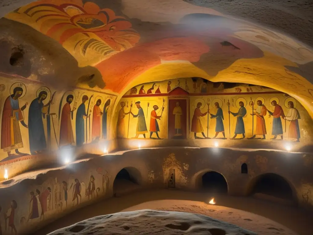 Explorando frescos de catacumbas cristianas en una cámara subterránea iluminada por antorchas