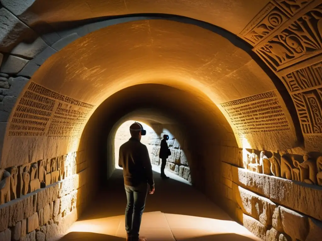 Exploración virtual en túnel antiguo Explora la fusión de historia y tecnología con la realidad aumentada en túneles históricos, donde la luz cálida ilumina antiguas maravillas