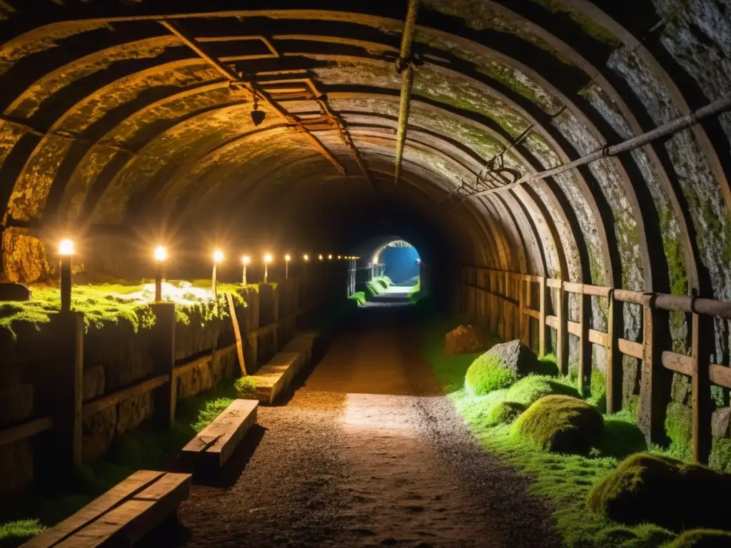 Explora las galerías de una mina medieval en Europa, con antiguas herramientas mineras y muros de piedra cubiertos de musgo, iluminados por antorchas