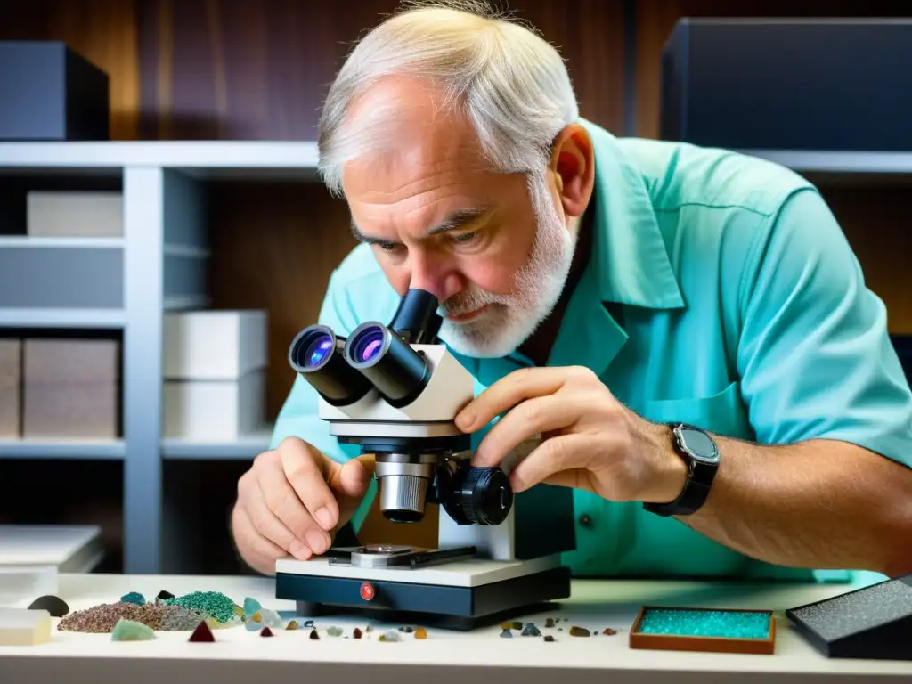 Un geólogo apasionado analiza una sección delgada de roca bajo un microscopio, revelando cristales y texturas