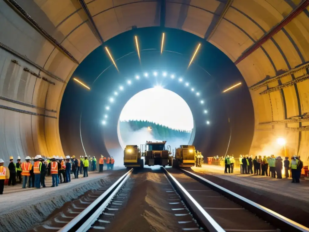 Un gigantesco taladro de túneles robótico excava la tierra, iluminado por luces brillantes mientras crea un túnel perfectamente redondo