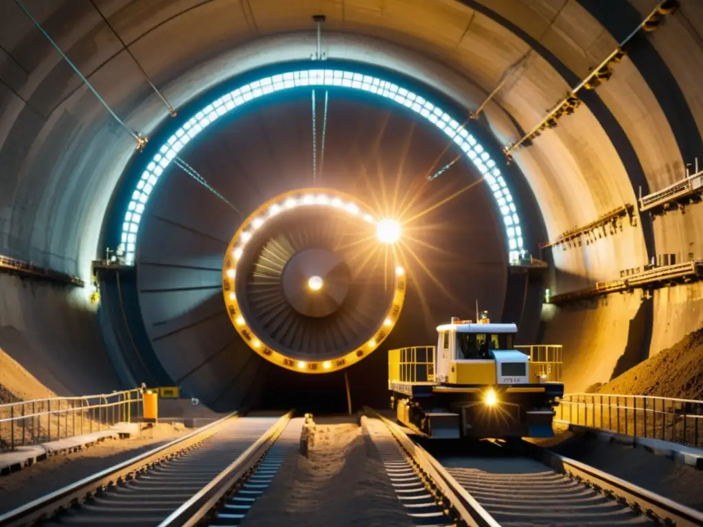 Un gigantesco TBM excava un túnel subterráneo iluminado, desafiando la construcción de infraestructura en lugares subterráneos