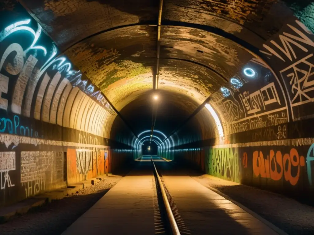 Interpretando grafitis antiguos en misterioso túnel urbano iluminado