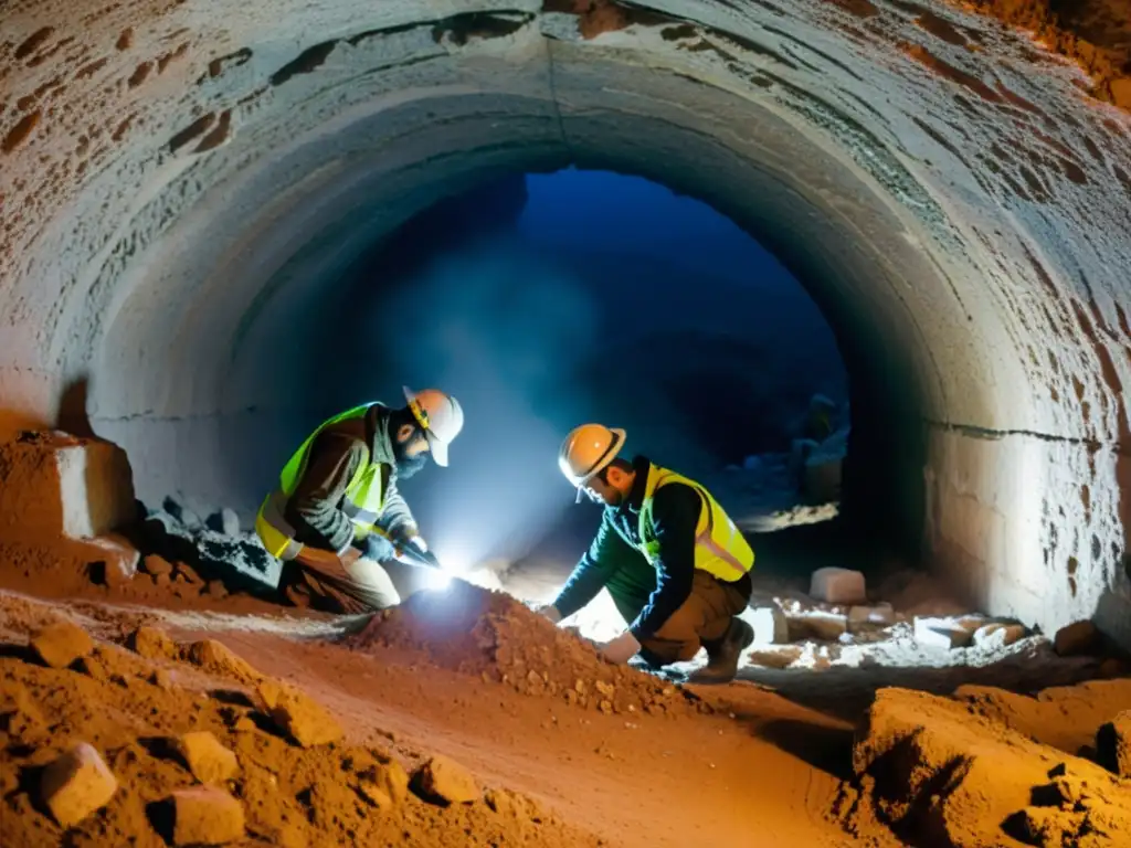 Un grupo de arqueólogos excavando con cuidado un túnel histórico en Gaza, desenterrando artefactos antiguos