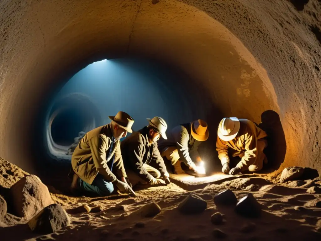 Grupo de arqueólogos iluminados por lámparas frontales explorando túnel antiguo con carvings y artefactos