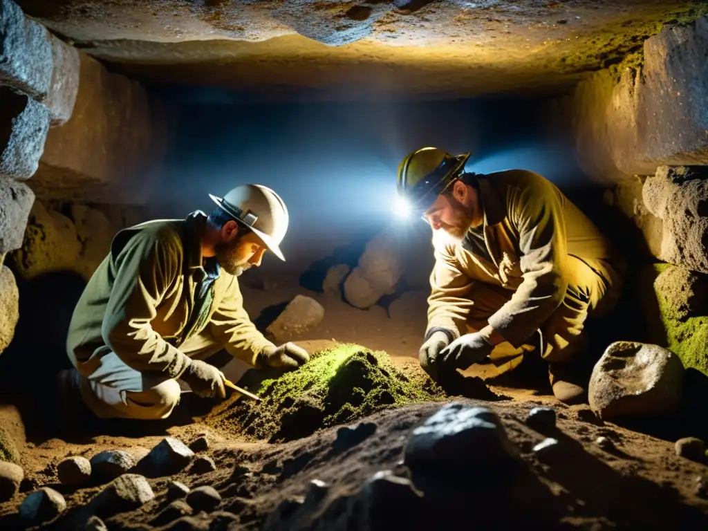 Grupo de arqueólogos excavando una mina prehistórica, luchando contra la humedad en un ambiente misterioso y cargado de historia