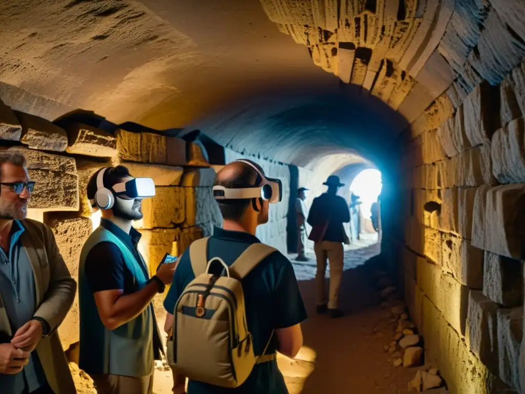 Exploración arqueológica con tecnología avanzada en túnel antiguo Grupo de arqueólogos usando Realidad Aumentada en túneles históricos, explorando un pasaje antiguo y oscuro, descubriendo secretos ancestrales