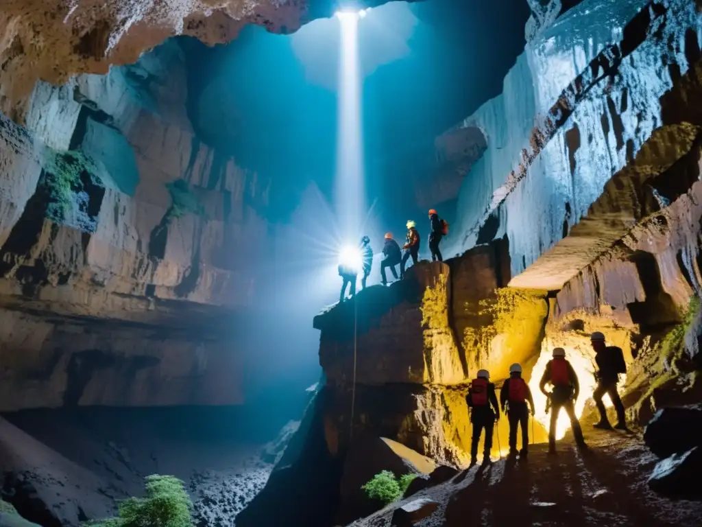 Grupo de aventureros en arneses y cascos, listos para hacer puenting en simas subterráneas históricas