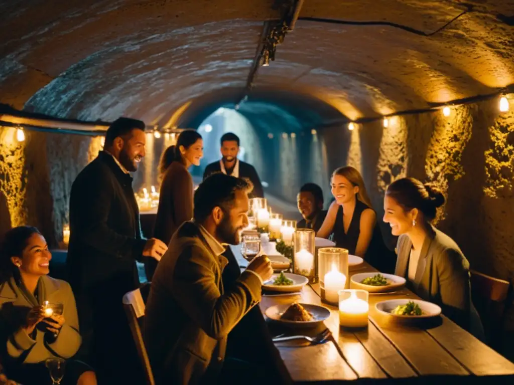 Grupo de aventureros culinarios disfrutan de una cena en un restaurante subterráneo, iluminados por velas, rodeados de paredes texturizadas