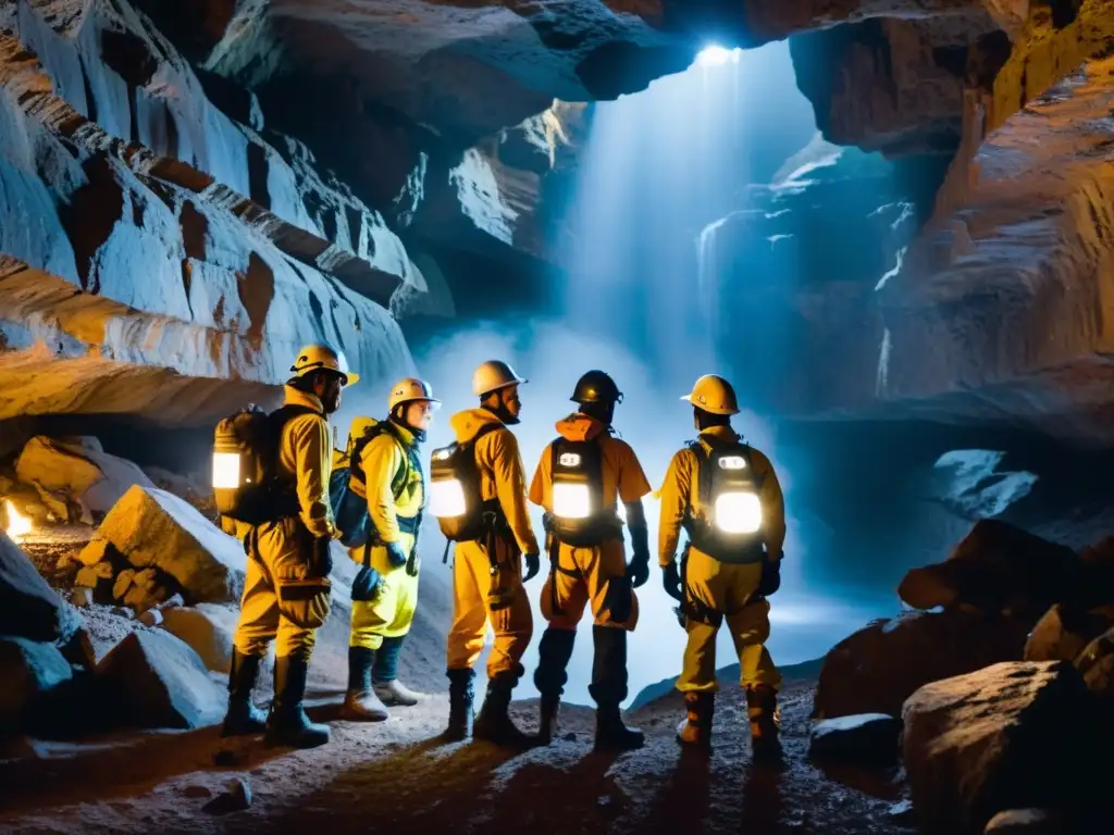 Un grupo de aventureros en equipo de seguridad se prepara para hacer un salto impresionante en una sima subterránea histórica