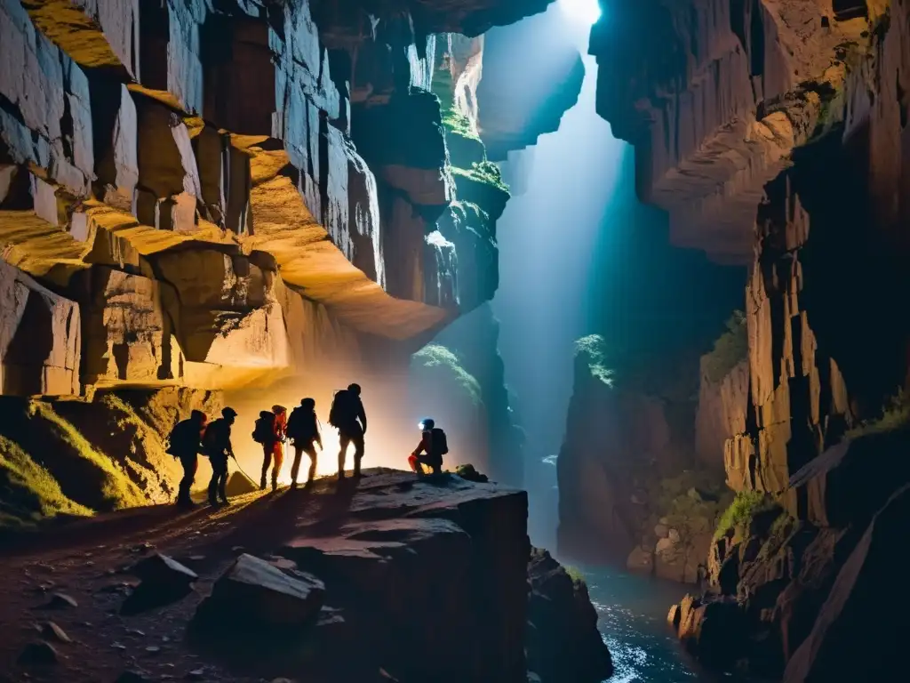 Grupo de aventureros preparándose para puenting en sima subterránea histórica, con emoción y nerviosismo palpables