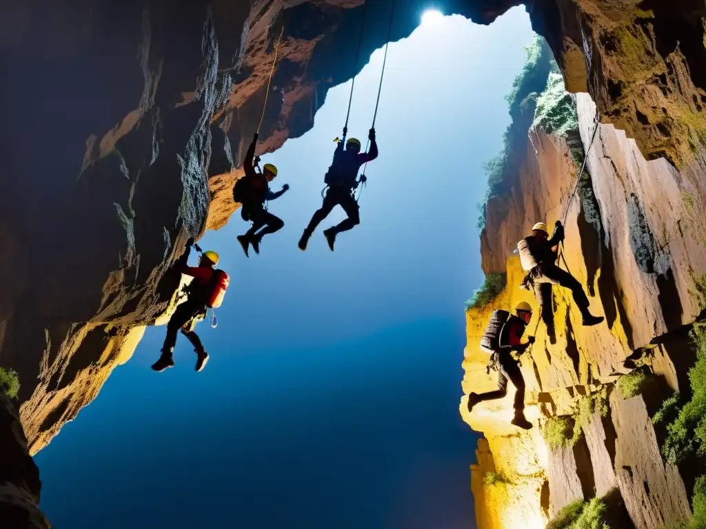 Grupo de aventureros practicando puenting en simas subterráneas históricas, saltando al abismo con emoción y seguridad