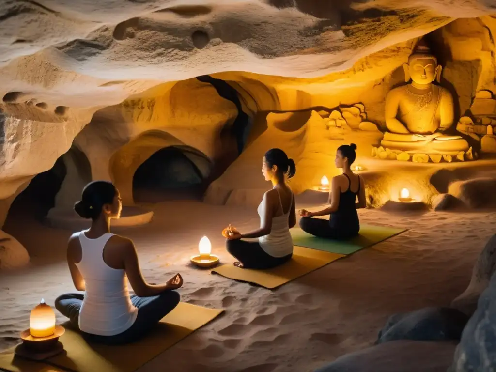 Grupo en meditación y yoga en cueva sagrada del Tíbet, iluminados por lámparas de mantequilla