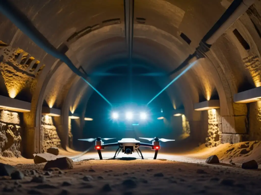 Grupo de drones inteligentes subterráneos explorando antiguas ruinas, contrastando tecnología moderna con historia