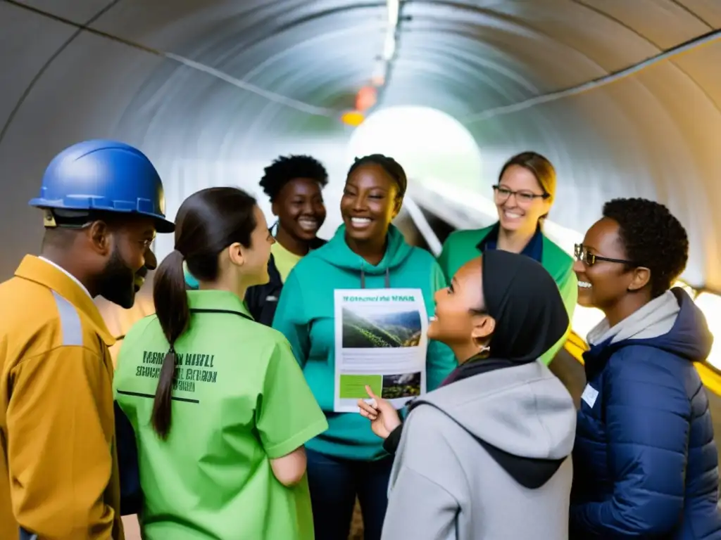 Un grupo de educadores ambientales imparte un taller interactivo en un túnel, destacando la sostenibilidad