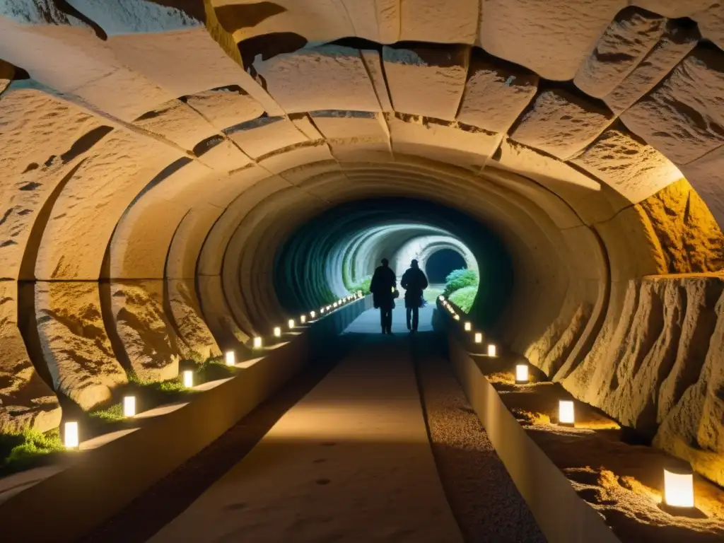 Grupo de entusiastas explora réplica de túnel subterráneo histórico con detalle meticuloso y atmósfera cautivadora