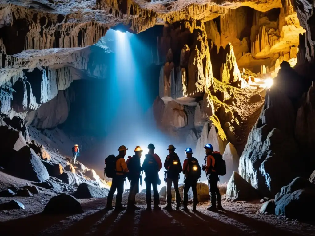 Grupo de guías especializados en exploración subterránea listos para adentrarse en una misteriosa cueva, rodeados de estalagmitas y estalactitas