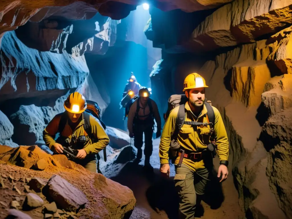 Un grupo de espeleólogos con cascos y linternas exploran una cueva, con vestimenta para exploración subterránea