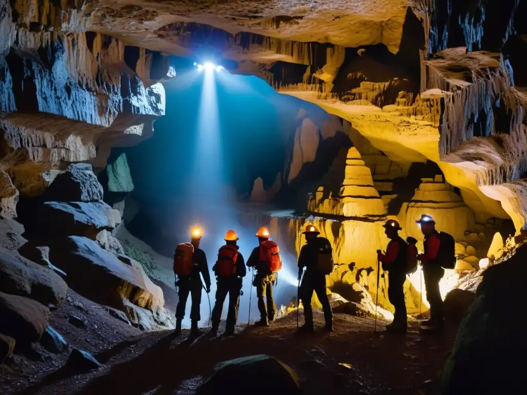 Grupo de espeleólogos explorando una cueva con equipos de comunicación para espeleólogos, iluminados por sus linternas en una atmósfera misteriosa y emocionante