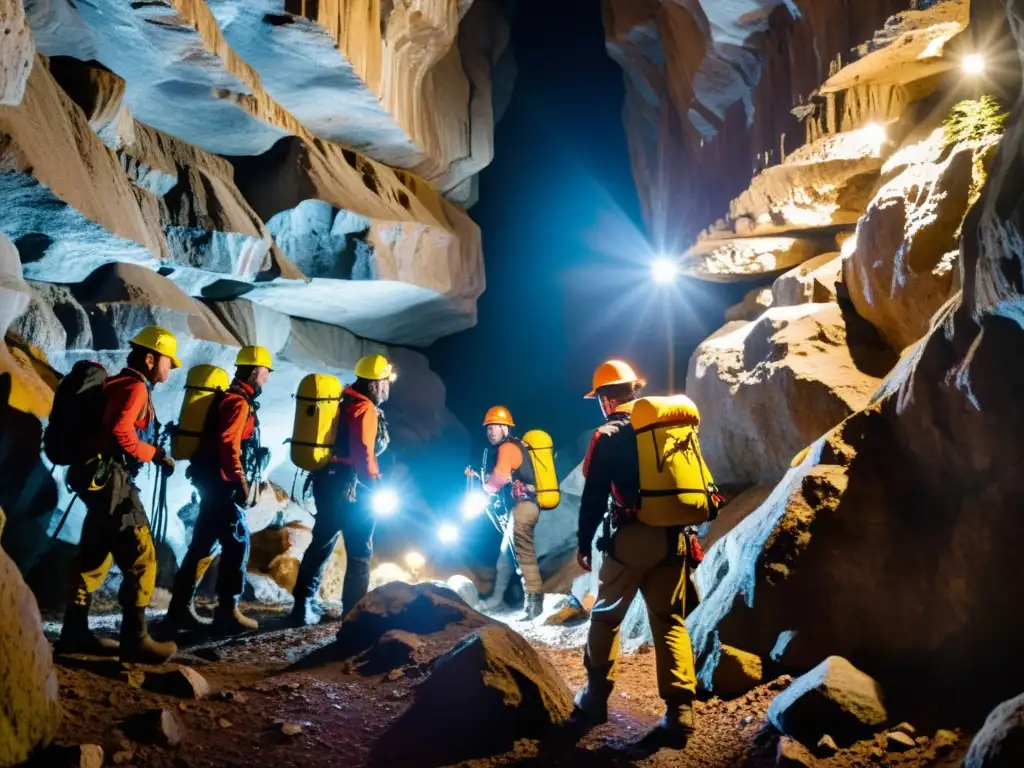 Grupo de espeleólogos explorando una cueva con indumentaria espeleológica para exploración subterránea, iluminados por lámparas frontales