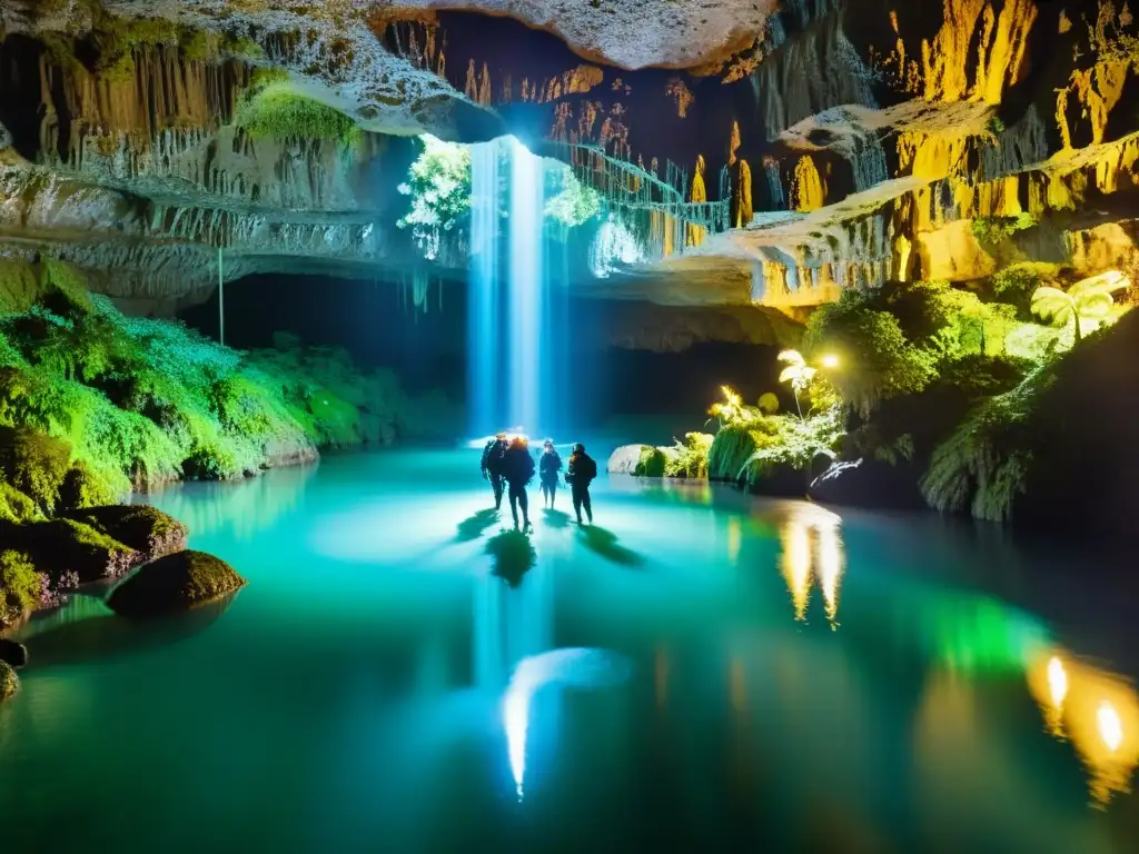 Un grupo de espeleólogos explorando las cuevas de Waitomo iluminados por el resplandor de las luciérnagas bioluminiscentes