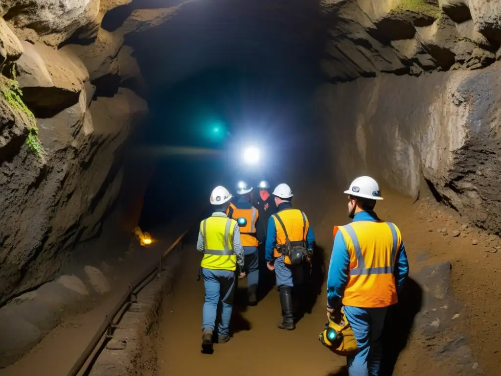 Grupo de espeleólogos con dispositivos de navegación subterránea especializados explorando un antiguo túnel histórico, lleno de misterio y aventura