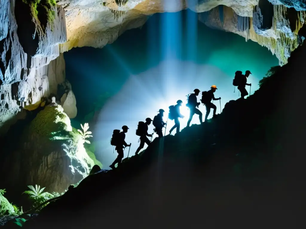 Un grupo de espeleólogos equipados con linternas y equipo de escalada explorando las intrincadas y sombrías cuevas de Waitomo