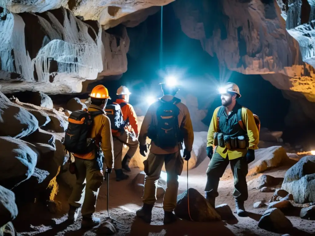 Un grupo de espeleólogos equipados con walkie-talkies exploran una cueva subterránea, iluminando las formaciones rocosas con linternas frontales