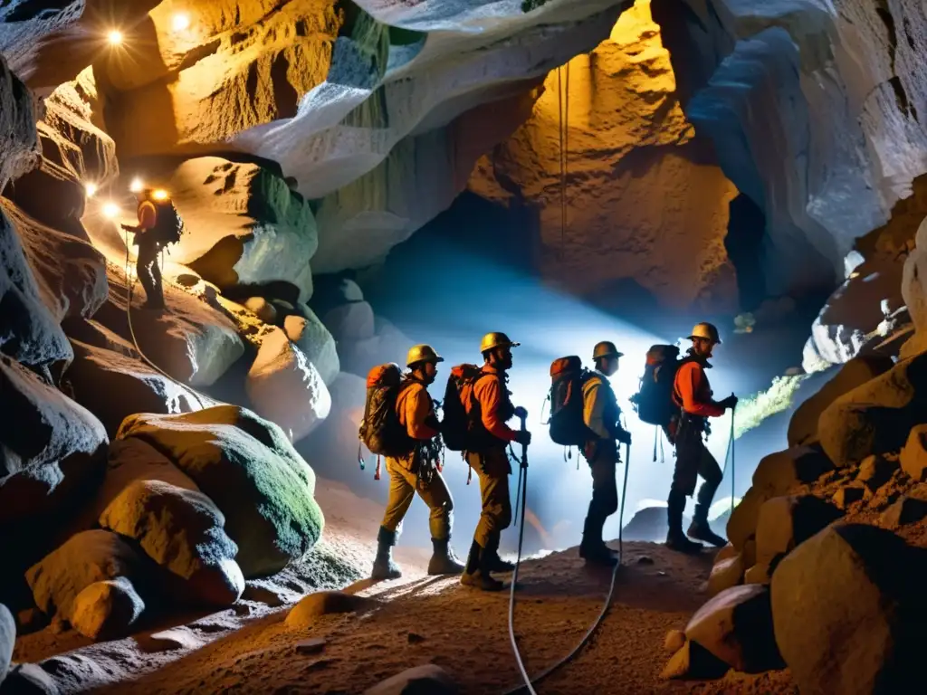 Grupo de espeleólogos desciende con equipo vital para exploración vertical en una cueva sombría, iluminando rocas antiguas con linternas